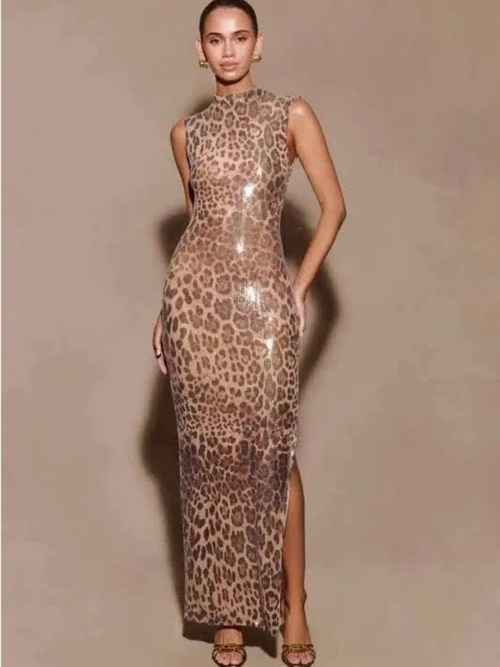 Meshki Brown Sequin Leopard-Print Maxi Dress